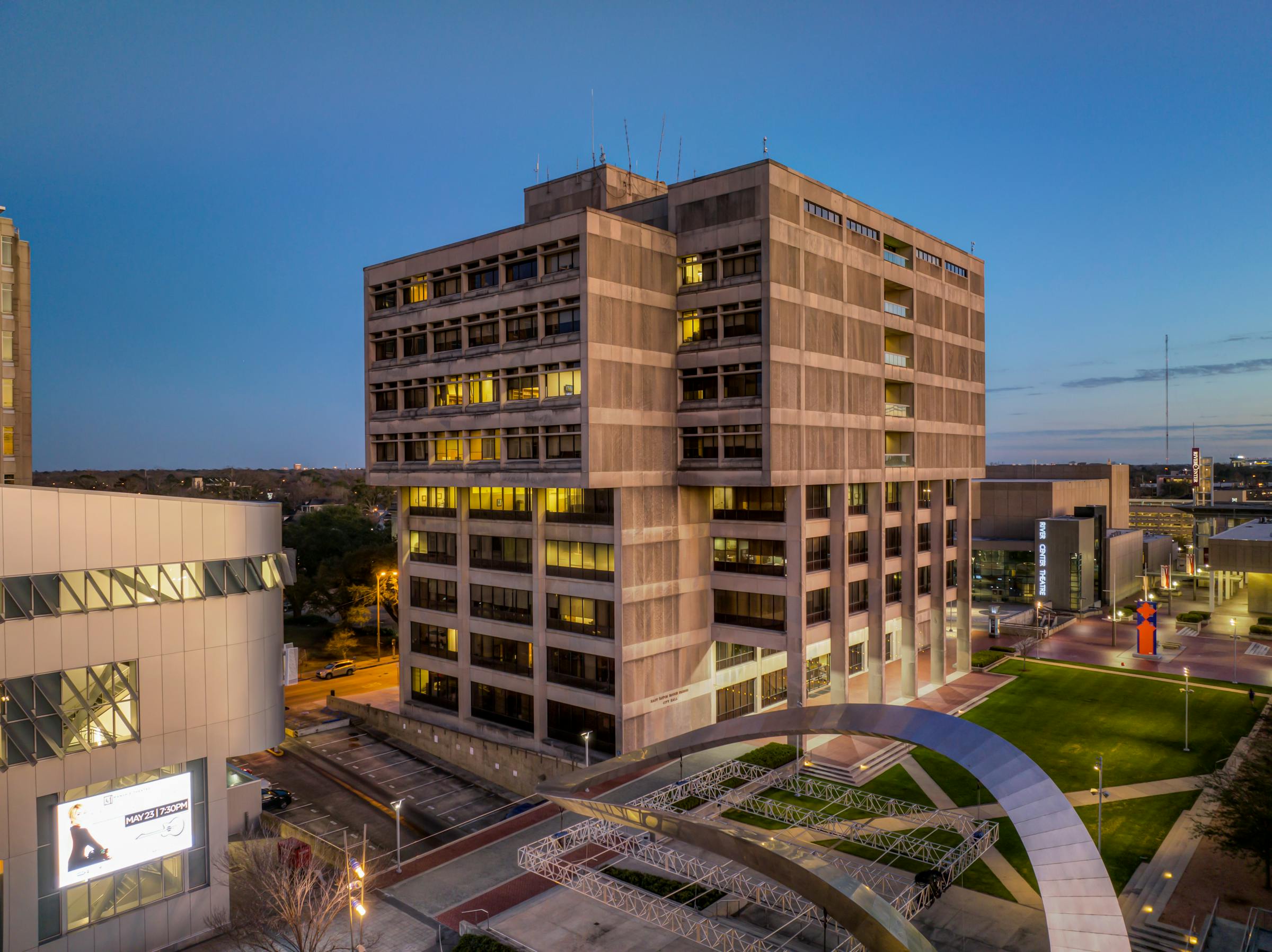 Downtown Baton Rouge at twilight, the City Hall tower against the evening sky.