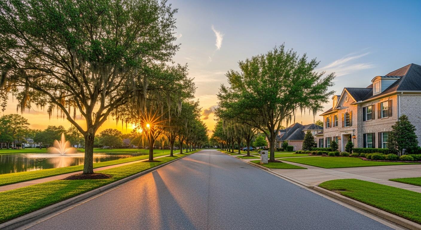 A suburban boulevard at sunset, moss-draped live oaks lining a lake with a fountain beside large brick homes.