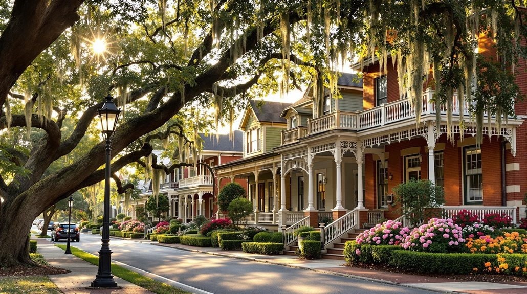 A historic southern neighborhood street at golden hour, grand galleried homes beneath live oaks draped with Spanish moss, azaleas blooming along the sidewalk.