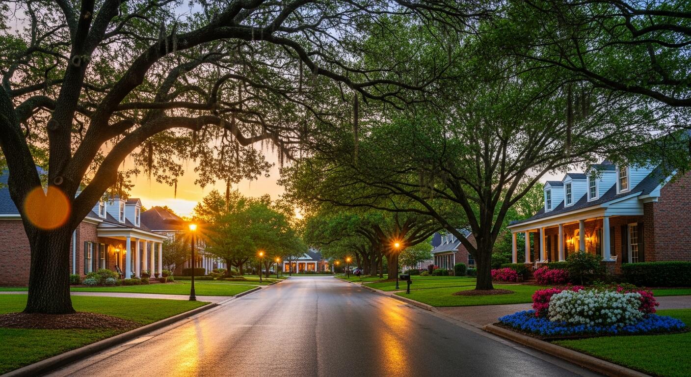 A quiet residential street at dusk, brick homes with white columns under moss-draped live oaks, a streetlamp glowing and azaleas in bloom.
