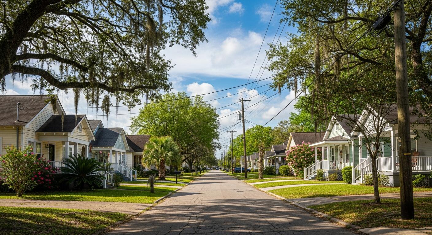 A sunny flat residential street of raised southern cottages framed by palms and moss-draped live oaks under a bright blue sky.