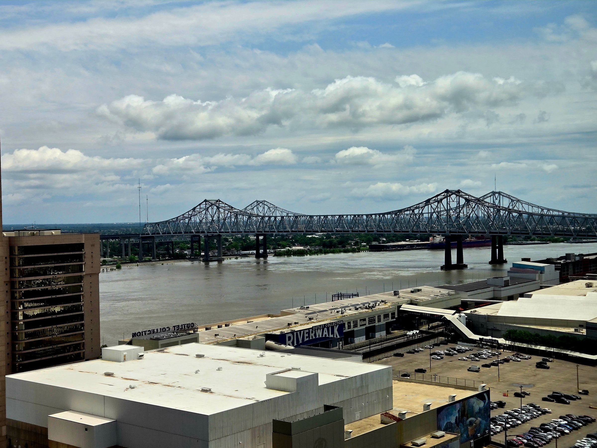 Downtown Baton Rouge along the Mississippi River, the river bridge in the distance.